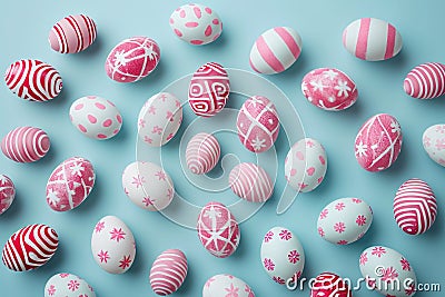 Easter Elegance: Pink and White Egg Pattern on Pastel Blue Background Stock Photo