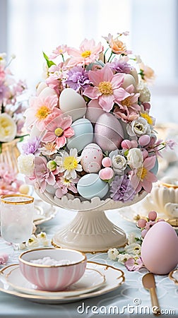 Easter Elegance: Vibrant Decorations on Marble Tabletop Stock Photo