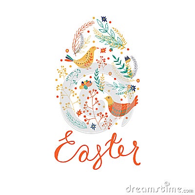 Easter elements inside of egg shape. Happy Easter set of hand drawn objects. Vector Illustration