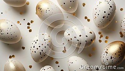 Easter festive background with painted golden decoration on easter eggs on white table. Top view and flat lay Stock Photo