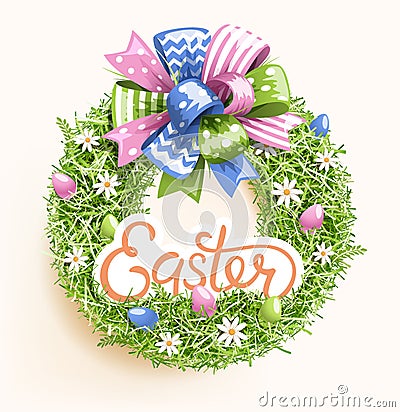 Easter Festive Grass Wreath with Bow Egg Flower on Beige Vector Illustration