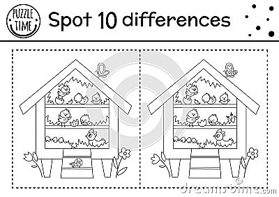 Easter find differences game for children. Holiday black and white educational activity and coloring page with funny roost with Vector Illustration