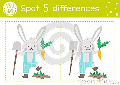 Easter find differences game for children. Holiday educational activity with funny bunny planting a carrot. Printable worksheet Vector Illustration