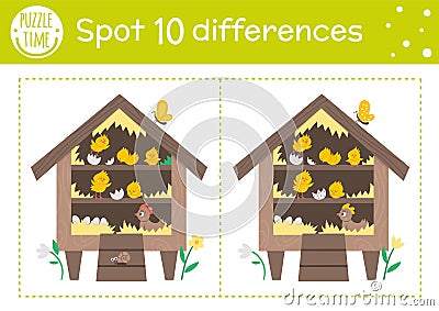 Easter find differences game for children. Holiday educational activity with hen coop and chickens. Printable worksheet with cute Vector Illustration