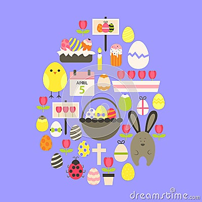 Easter Flat Icons Set Egg shaped over purple Vector Illustration