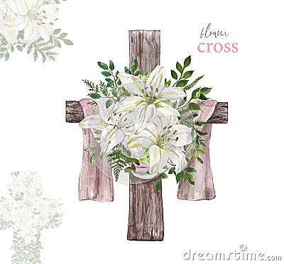 Easter floral cross illustration. Watercolor rustic wooden cross wreath and beautiful white lily flowers with green leaves Cartoon Illustration