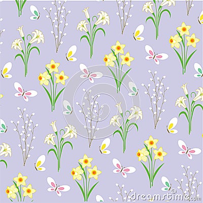 Easter flowers and butterflies on lavender Vector Illustration