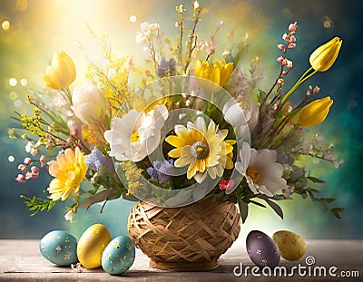 Easter flowers in vase and Easter eggs on table Stock Photo