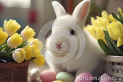 Easter fluffy bunny with colourful eggs and spring flowers. Cute greeting card Stock Photo