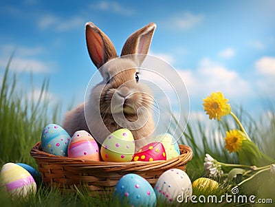 Easter fluffy eared bunny in a wicker basket surrounded by colorful Easter eggs on the green grass ground Stock Photo