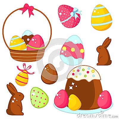 Easter food. Eggs, cakes, chocolate bunnies and other traditional Easter meal Vector Illustration