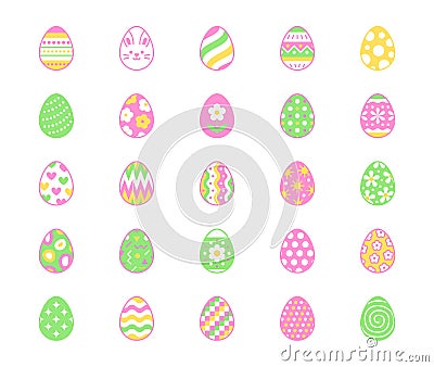 Easter food flat line icons set. Painted eggs, egg hunt vector illustrations. Thin colored signs christianity Vector Illustration