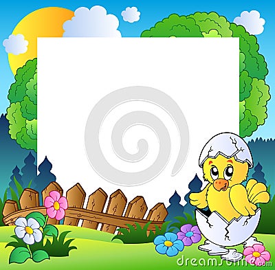 Easter frame with cute chicken Vector Illustration