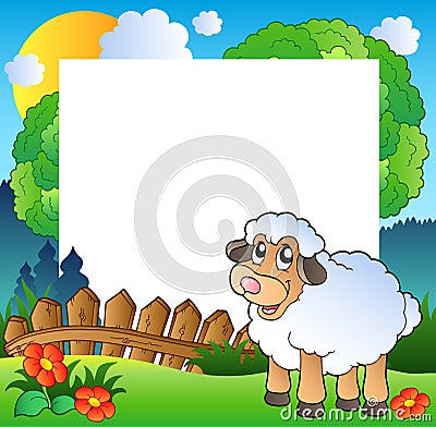 Easter frame with sheep on meadow Vector Illustration