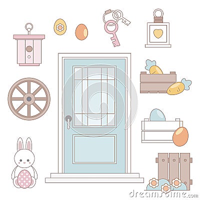 Easter Front Porch Decor. Icons set Vector Illustration