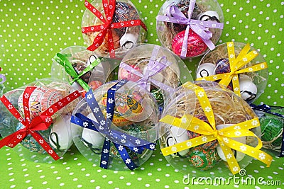 Easter gift boxes with colorful eggs Stock Photo