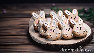 Easter gingerbread cookies in the form of rabbits on a wooden background Cartoon Illustration