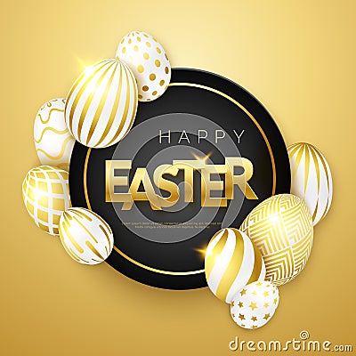 Easter gold background with realistic golden decorated eggs, frame and text. Vector illustration greeting card, poster Vector Illustration