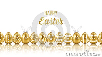 Easter Gold Eggs and Rabbits Horizon Seamless Web Banner Vector Illustration