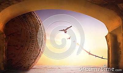 Silhouette of flying birds and broken chain in empty tomb on sunset background Stock Photo