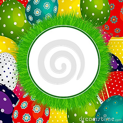 Easter grass circular border on decorated eggs Stock Photo