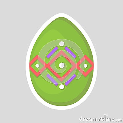 Easter green egg icon on a gray background with colored contrasting ornament of rhombus and points. Stock Photo