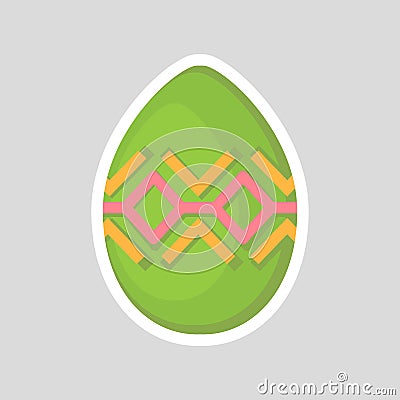 Easter green egg isolated on a gray background with colored contrasting ornament of rhombus and line. Stock Photo