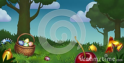 Easter green forest with lawn and blue sky. Wicker basket with eggs. Cartoon Illustration