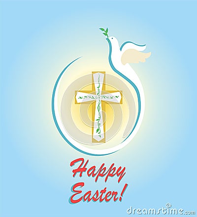 Easter greeting card with cross and flying white dove with olive branch on the blue background with yellow sun. Flat design Vector Illustration