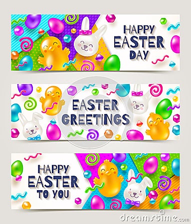 Easter greeting banners. Colorful marmalade and candys in the shape of rabbits, chickens, eggs and other forms Vector Illustration