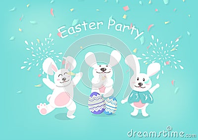 Easter, greeting card celebrate party holiday, cute rabbit characters and egg with confetti background vector illustration Vector Illustration