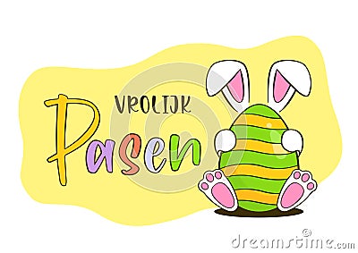 Easter greeting card. Colorful Easter egg with bunny. Happy Easter colorful lettering in Dutch Vector Illustration