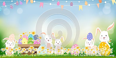 Easter greeting card,Cute Bunny hunting Easter Eggs on grass field on sunny day Spring,Vector Cute cartoon rabbits and hunny bees Vector Illustration