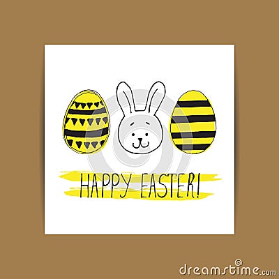 Easter greeting card with easter eggs and bunny doodles. Hand Vector Illustration