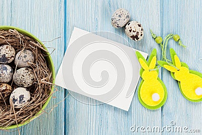 Easter greeting card with eggs and decor Stock Photo