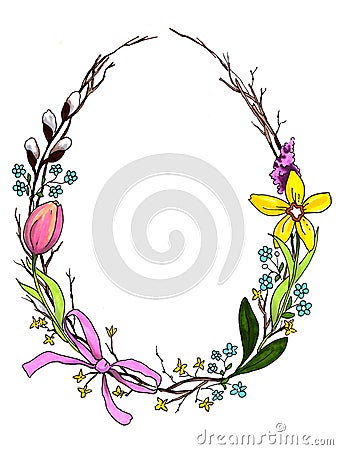 Easter greeting card with floral frame in egg shape. Perfect for season greetings and spring holidays. Drawm with Cartoon Illustration