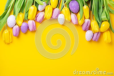 Easter greeting card. Multicolored easter eggs and tulips on yellow background. Easter concept Stock Photo