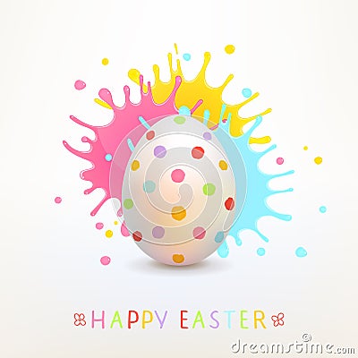 Easter Greeting Card with Painted Egg and Bright Paint Splashes Vector Illustration