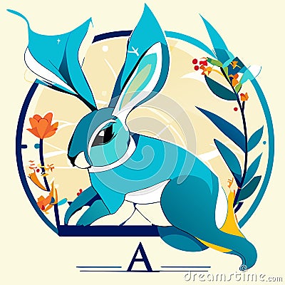 Easter greeting card with rabbit, flowers and letter A. Vector illustration. generative AI Vector Illustration