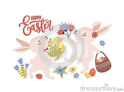 Easter greeting card template with pair of cute funny bunnies or rabbits collecting spring flowers and eggs and holiday Vector Illustration