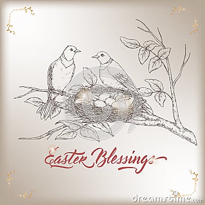 Easter greeting card with two birds and nest with eggs. Based on hand drawn sketch and brush calligraphy. Vector Illustration