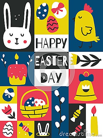 Easter Greeting card, Vertical graphic poster with Easter symbols. Bunny, willow, eggs, bell. Bright contrast postcard Vector Illustration