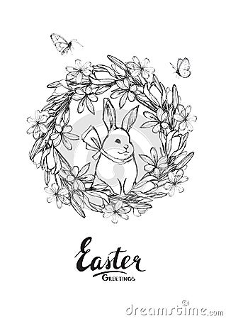 Easter greetings card design with handdrawn bunny in crocus wreath Stock Photo
