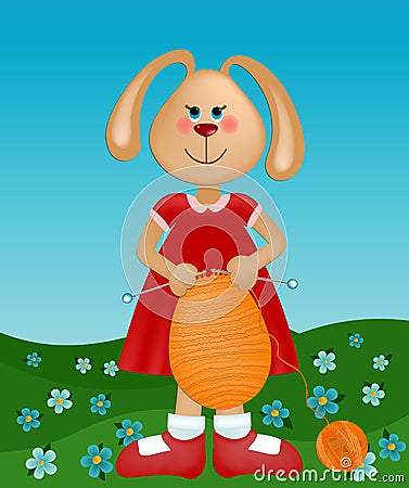 Easter greetings card with rabbit knitting the egg Vector Illustration