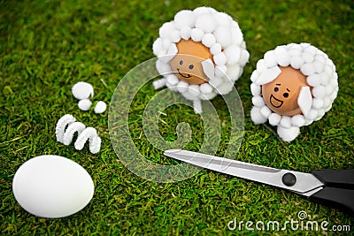 Easter handicraft ideas with eggs and cotton balls, diy and self Stock Photo