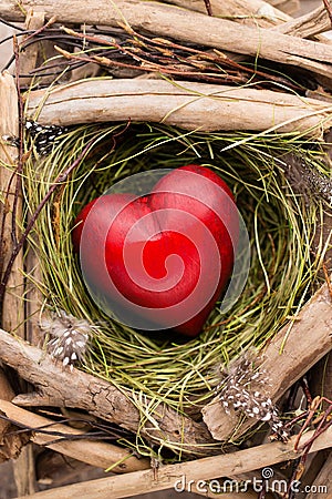 Easter heart decor on a wooden background. Pattern. Stock Photo