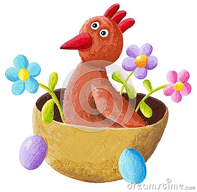 Easter hen in the basket Cartoon Illustration