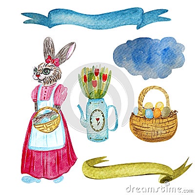 Easter with hens, Easter eggs, basket of eggs, flowers in a watering can, clouds and ribbons. Cartoon Illustration