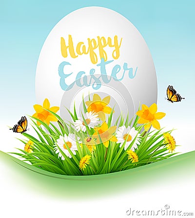 Easter Holiday Background. Colofrul eggs in green grass Vector Illustration