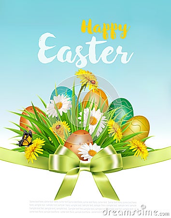 Easter Holiday Background with colofrul eggs in green grass and spring flowers. Vector Illustration